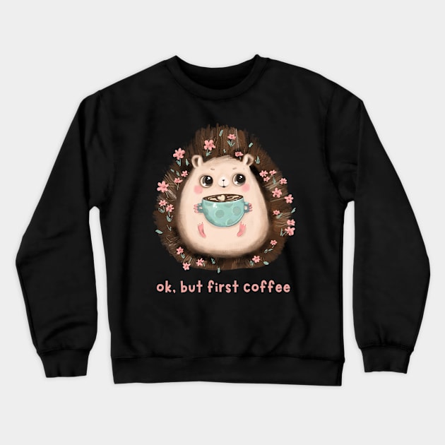 Pink Beige Cartoon Hedgehog Coffee Tshirt Crewneck Sweatshirt by erika design